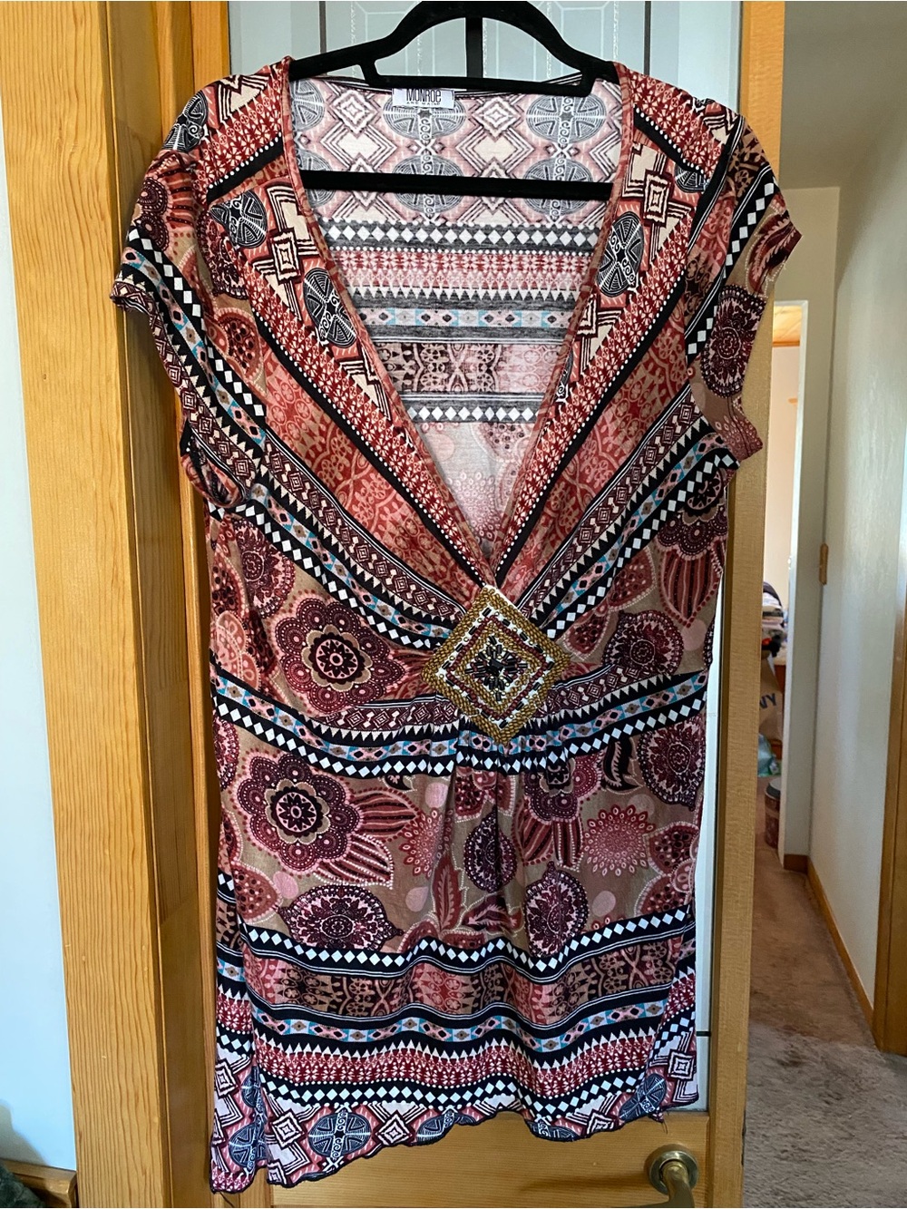 Pink Patterned V-Neck Embellished Women’s Top